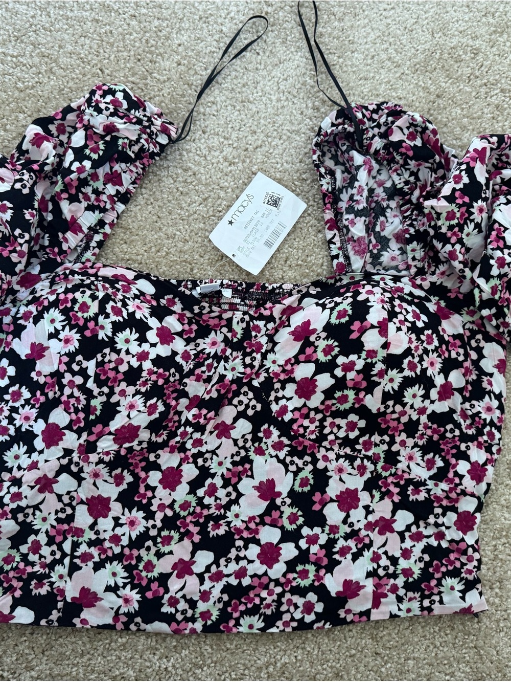 Bar III Floral Ruffled Crop Camisole - Black & Pink